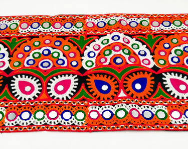 Black Cotton Fabric Trim with Multicolor Embroidery and Real Mirror, Kutch Embroidery Trim, Paisley Decorative Border